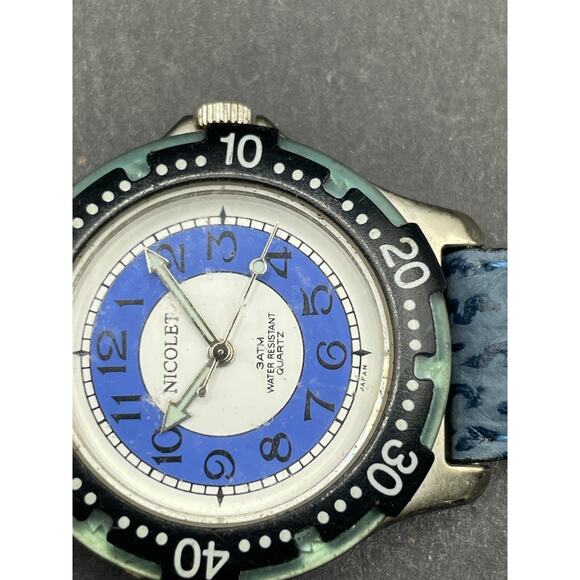 Nicolet 3TM Quartz Wristwatch Rotating Bezel Blue White Dial Leather Band w/ Tag main image 4